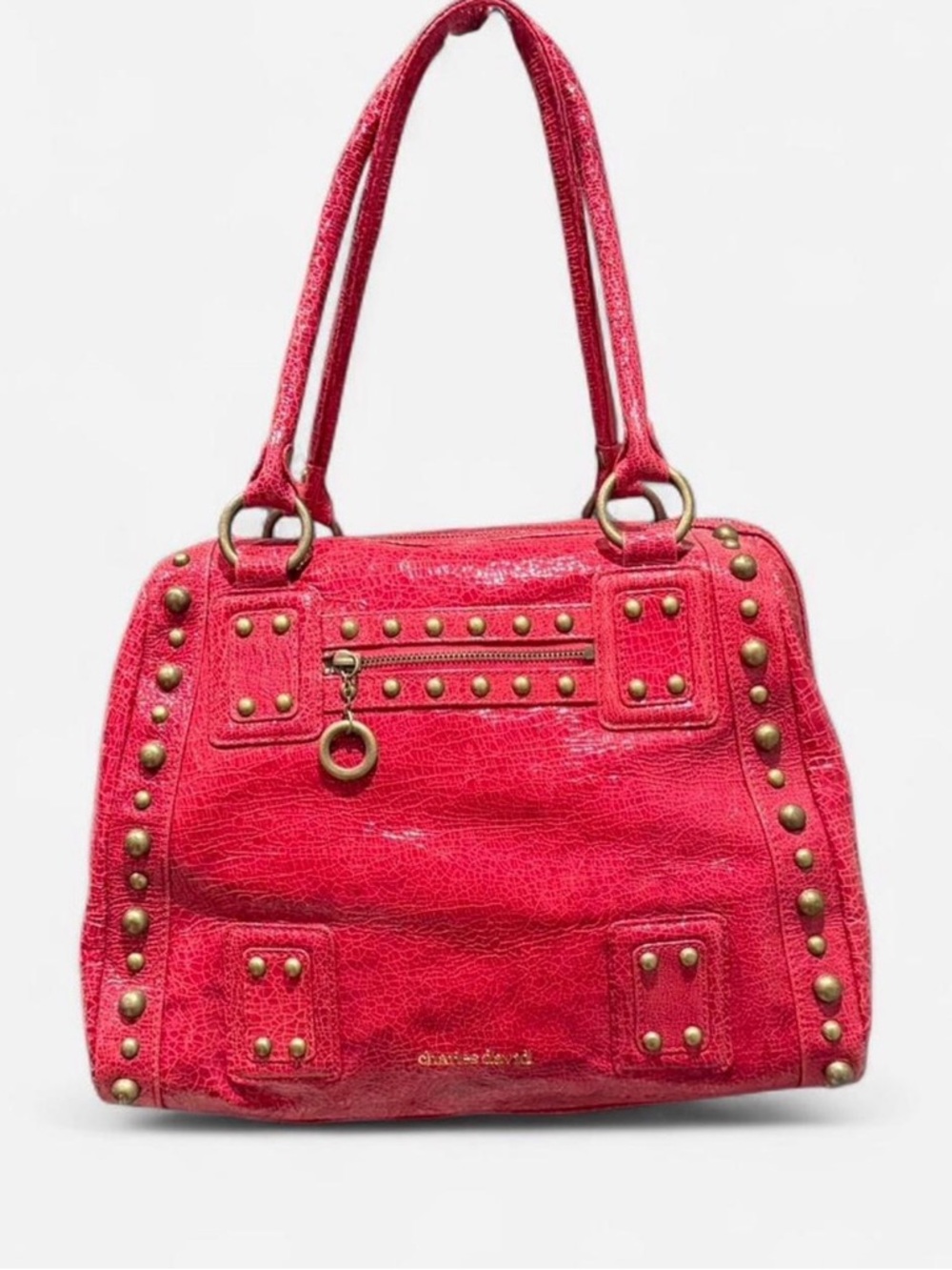 NWOT Charles David Red Crushed Genuine Leather Studded Leather Satchel  Handbag
